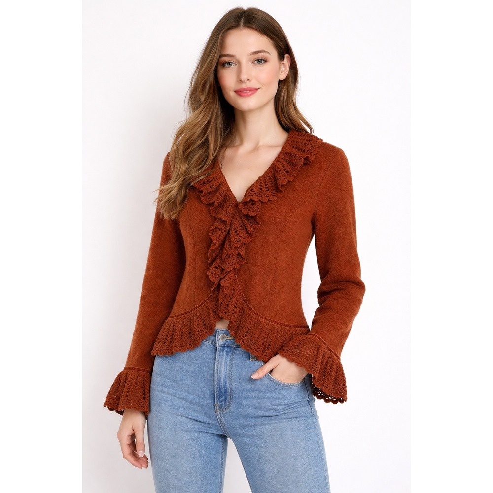 Vtg Lisa International Boiled Wool Blazer Jacket M Crochet Ruffle V-Neck Brown‎